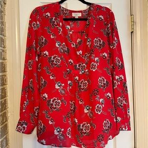 LOFT Red Floral V-neck Blouse